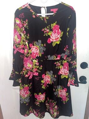 Betsey Johnson Black Long Sleeve Floral A-Line Dress with Pink Roses